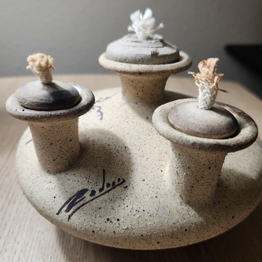 Vintage 3 Chimney Clay Oil Lamp‎ Signed By Artist.